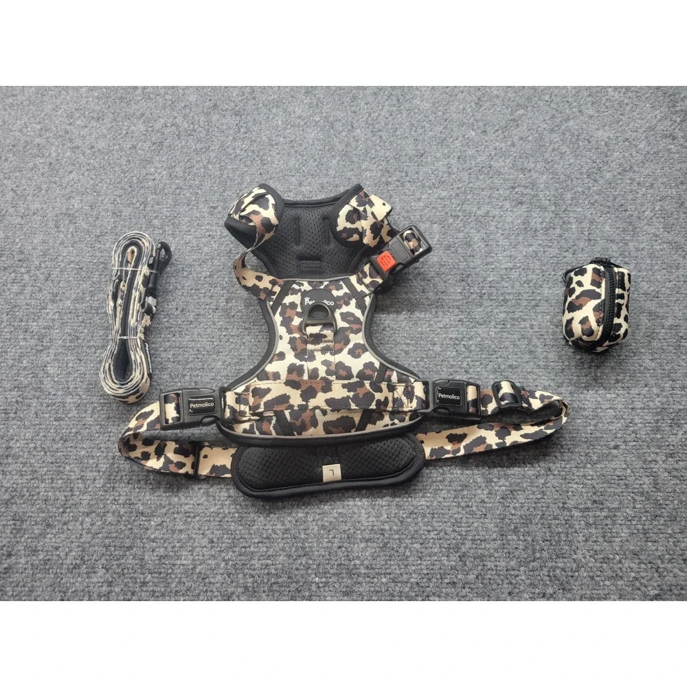 Petmolico Leopard Print Dog Harness Set with Leash and Poop Bag Holder Large